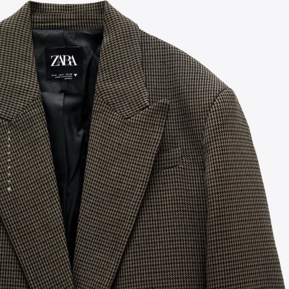 Zara Houndstooth Shoulder-pad Brown Blazer, Wool Blend, Size L, Classic Career - Picture 3 of 12